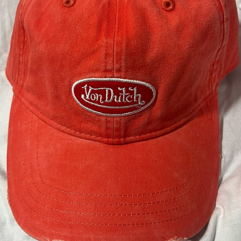 Von Dutch Orange Distressed Design Dad Hat with Small Patch logo Adjustable